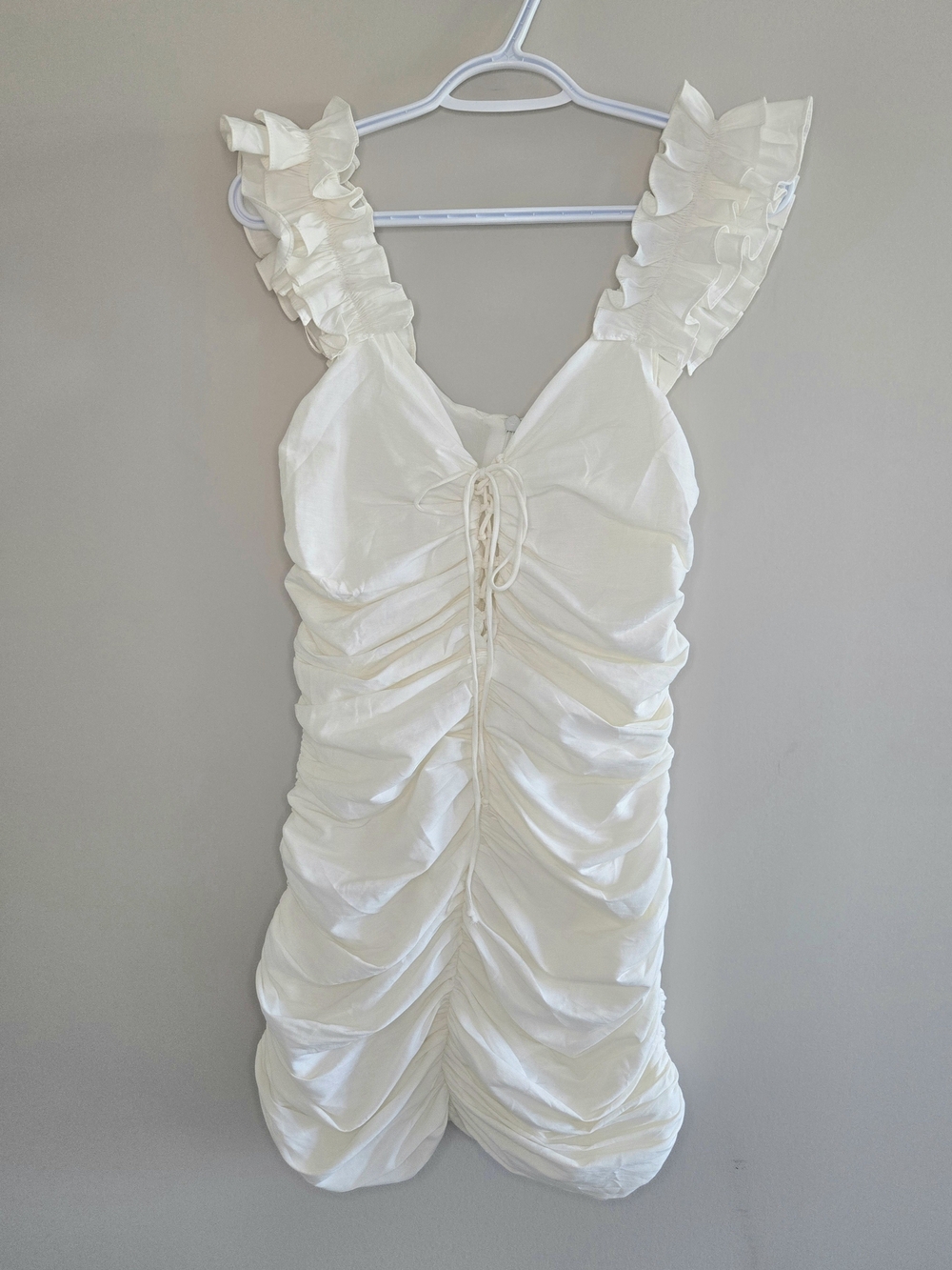Zara white ruffled mini dress, lace up front, ruched, small + new with tags